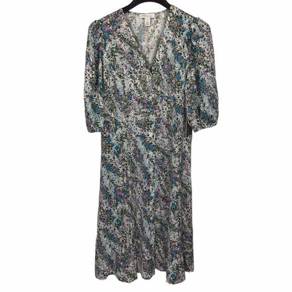 Nordstrom Signature Button Front Stretch Silk Ivory Floral Shift Dress Women's 2 - Picture 2 of 7